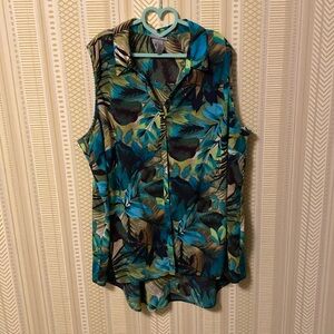 Catherines Sleeveless Hi Low Tropical Button-Up Blouse 3X
